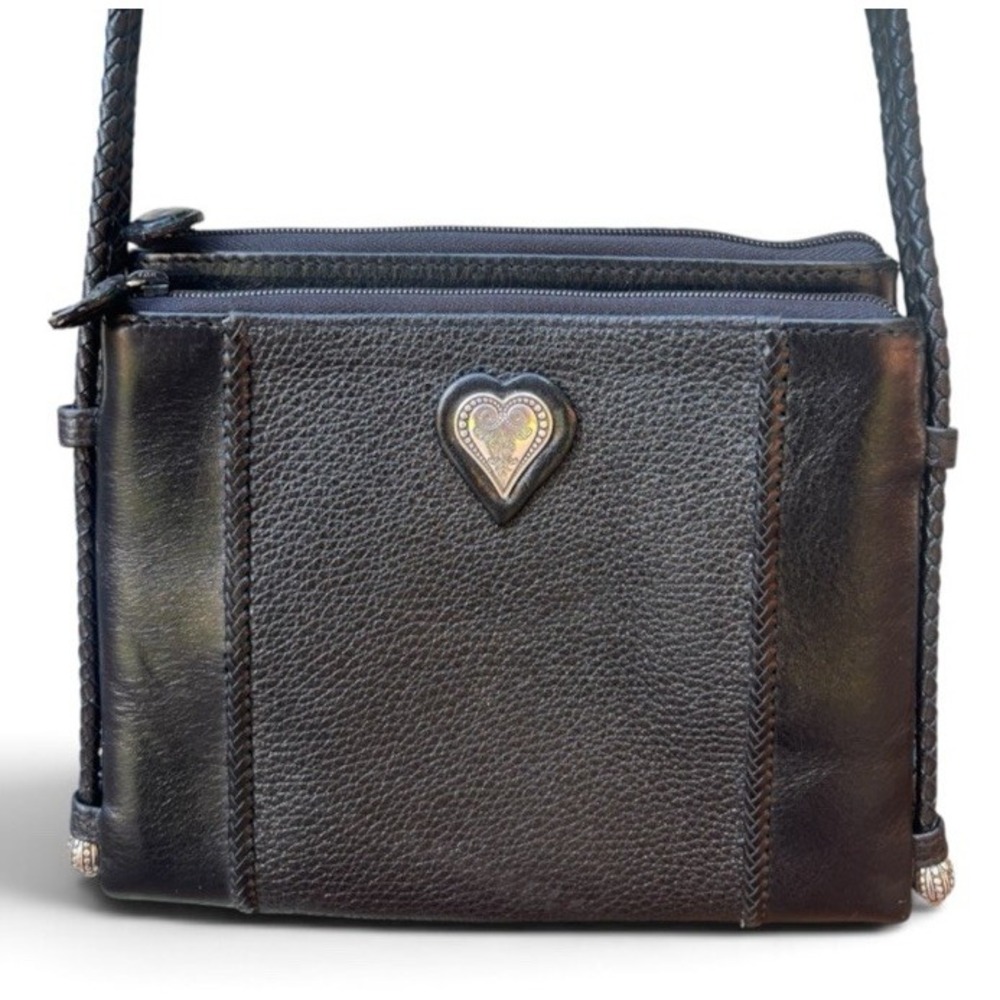 Brighton Black Pebbled Leather Organizer Crossbody Bag Braided Shoulder Straps